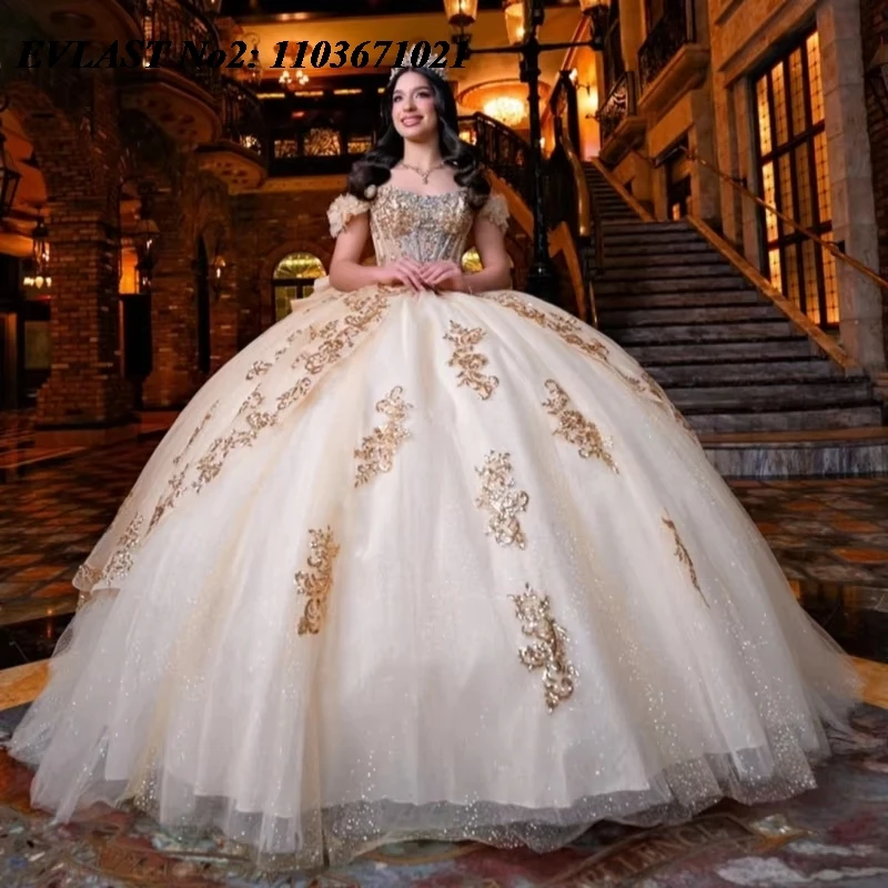 

Индивидуальное платье EVLAST для выпускного бала/вечеринки в стиле принцессы, цвета шампань, с золотыми аппликациями и бисером, для Sweet 16/15 Anos, модель E2QA377