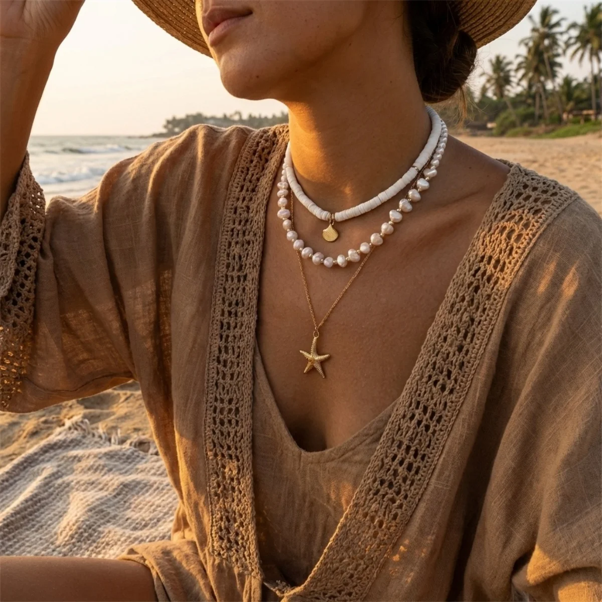 Mehrlagige Halskette mit imitierten Perlen, Herzanhänger aus weichem Ton, Muschel- und Seesternanhänger für Damen und Herren, Sommer-Muschel-Choker, Schmuckgeschenk – Detail 5