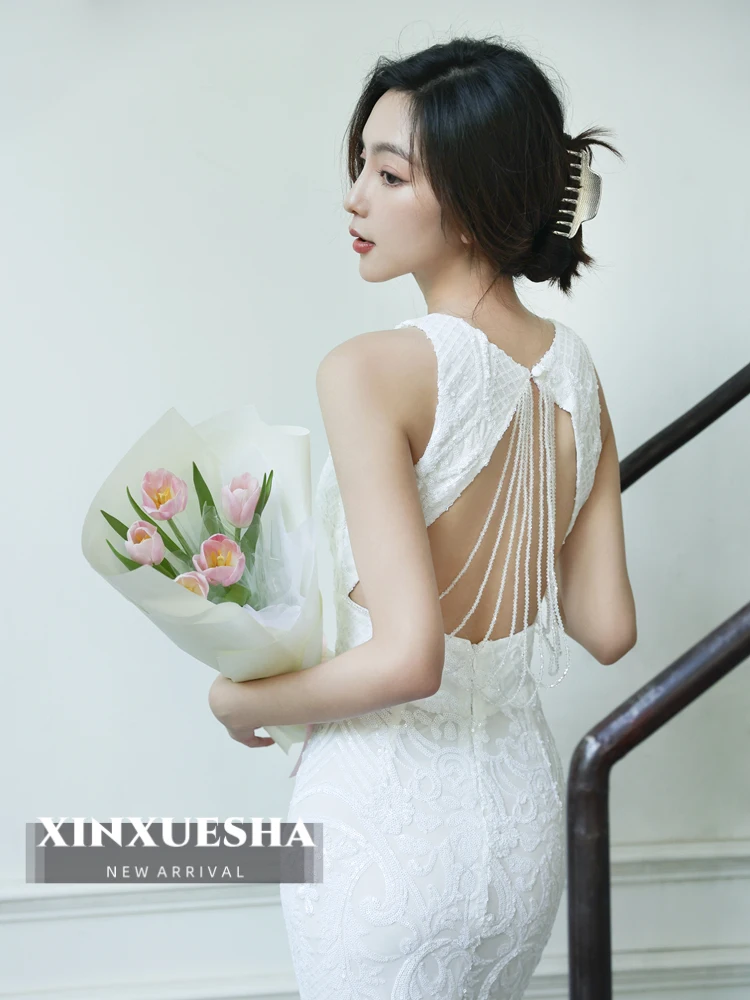 

White Sexy Bal Tassel Heavy Work Fi Tail Evening Dr for Wedding Performance ow Model Host Long Skirt Dr