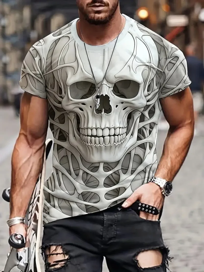 Men's T-shirt Skull Head 3D Digital Print Men's Novelty Short Sleeve Crew Neck Tees Summer Halloween Party Outdoor Fitness Tops