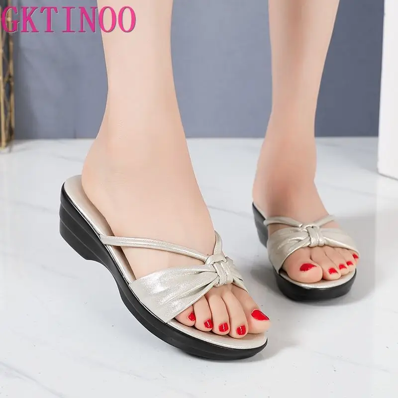 GKTINOO 2024 Summer Platform Flip Flops Fashion Beach Shoes Woman Anti-slip Genuine Leather Sandals Women Slippers Shoe