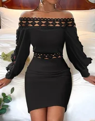 Kadın Sonbahar Uzun Kollu Wrap Kalça Elbiseler Siyah Dantel Patchwork Hollow Parti Elbise Moda Slash Boyun Yüksek Bel Sıkı Elbise