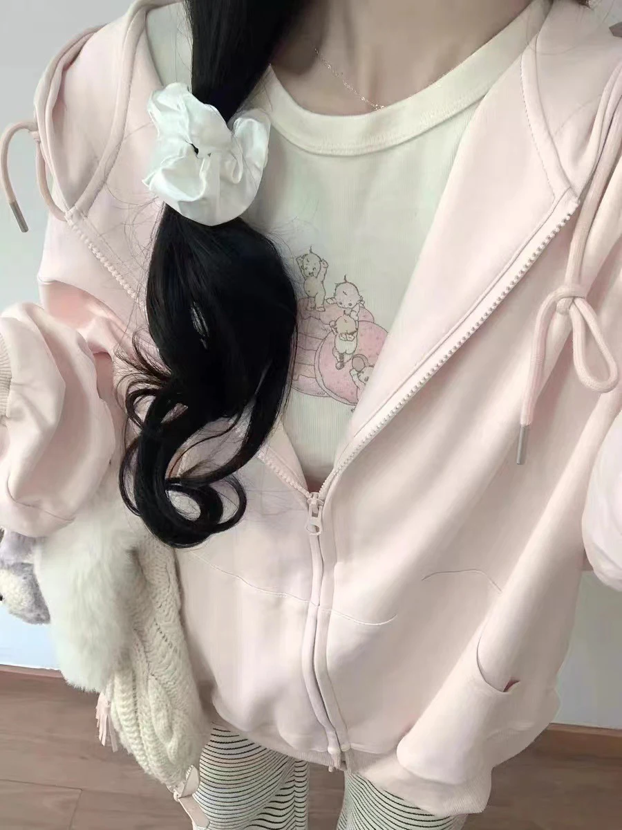 Rosa süßer übergroßer Kapuzenpullover, Herbst, langärmelig, mit Kapuze, Reißverschluss, Baumwoll-Sweatshirt, lässig, einfach, Adrette, niedliche Hoodies, Top für Damen