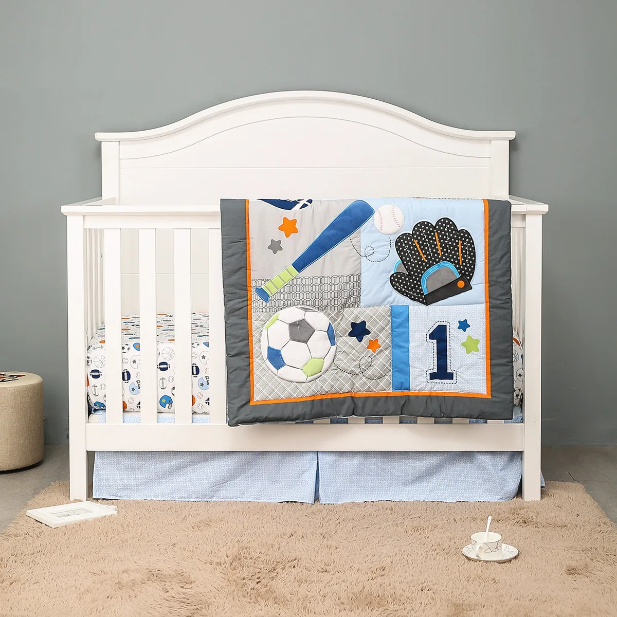 3Pcs Baseball Theme Embroidered Nursery Bedding new born baby cot bedding set  (Baby Comforter Fitted Sheet Crib Skirt)