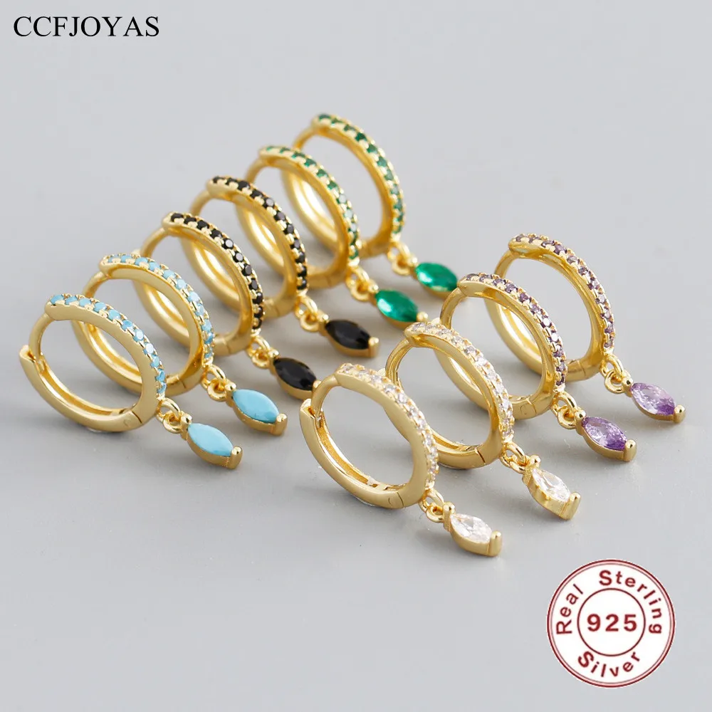 

CCFJOYAS 9mm 925 Sterling Silver Multicolor Zircon Marquise Pendant Hoop Earrings for Women Light Luxury Turquoise Earrings Gift