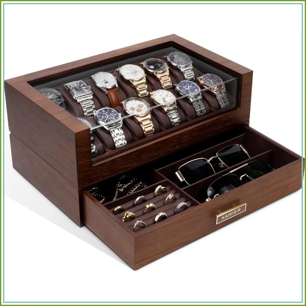 12 Slot Wooden Watch Box with Glass Lid & Drawer, 2-Layer Watch Display Case for Men Women, Jewelry Storage, Gift Box Included