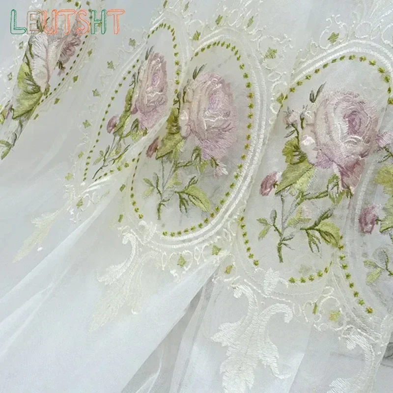 Cortina de tul con bordado de peonías de lujo americano para sala de estar, cortinas de gasa transparentes con bordado de flores elegantes europeas para dormitorio