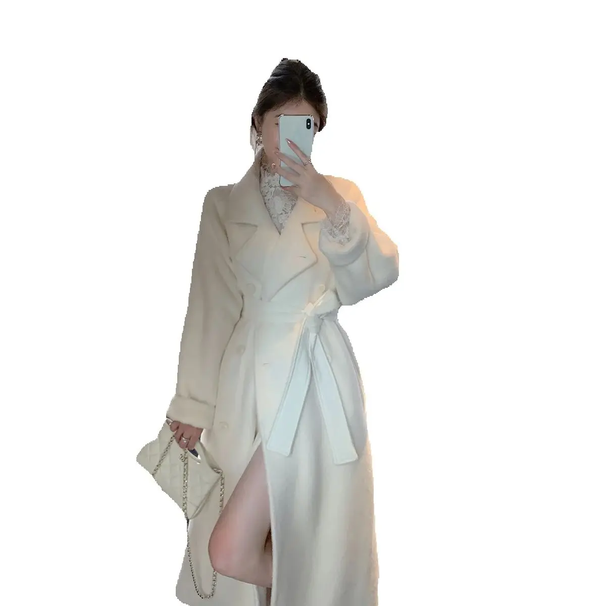 New white eco-friendly fur coat imitating mink, mid-length, waist-cinching and thickened wool coat for women