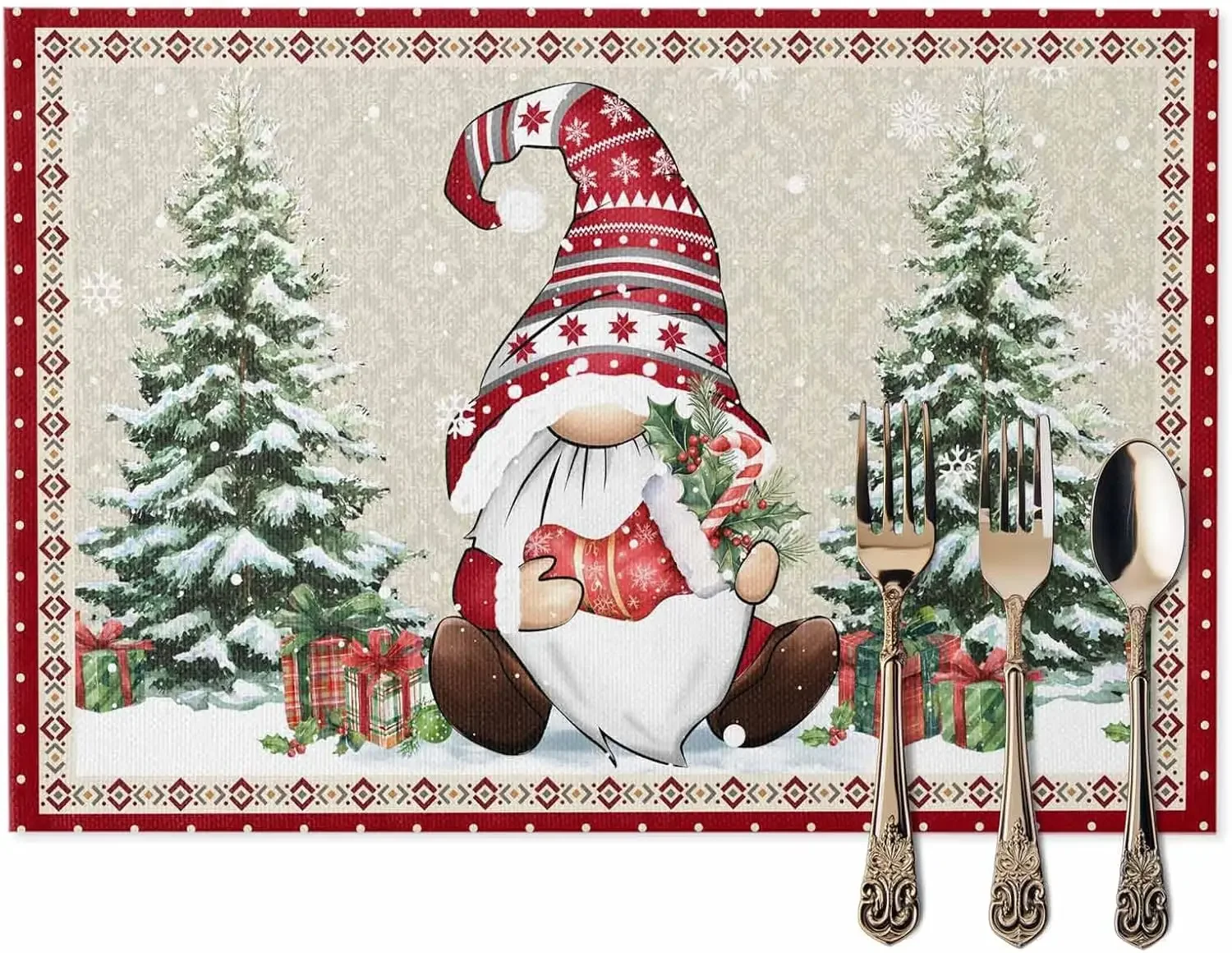 Christmas Trees Winter Gnome Linen Placemats Set Kitchen Decor Washable Winter Holiday Kitchens Placemats Christmas Decorations