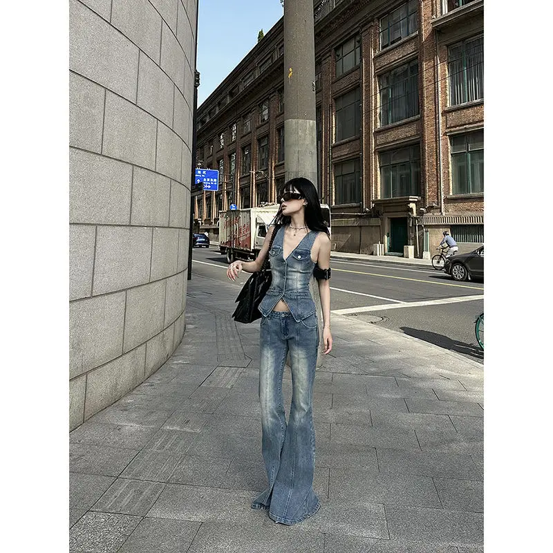 

2 Piece Sets Womens Outfits Summer New French Style High-end Designed Niche Temperature Gradient Denim Vest and Flared Pants