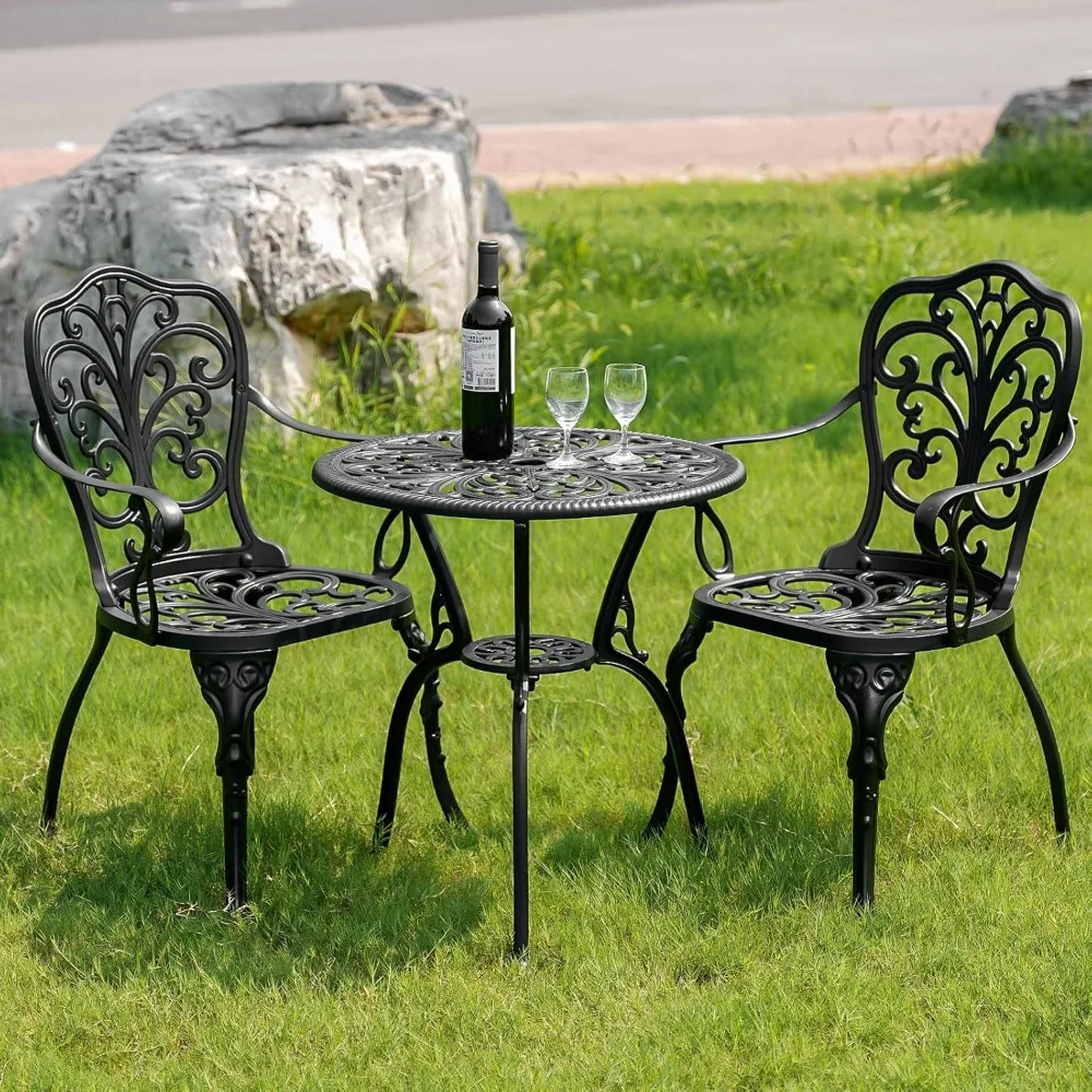 

3 Piece Outdoor Bistro Set, Rustproof Outdoor Patio Furniture, Cast Aluminum Bistro Table Set with Umbrella Hole for Backyard,