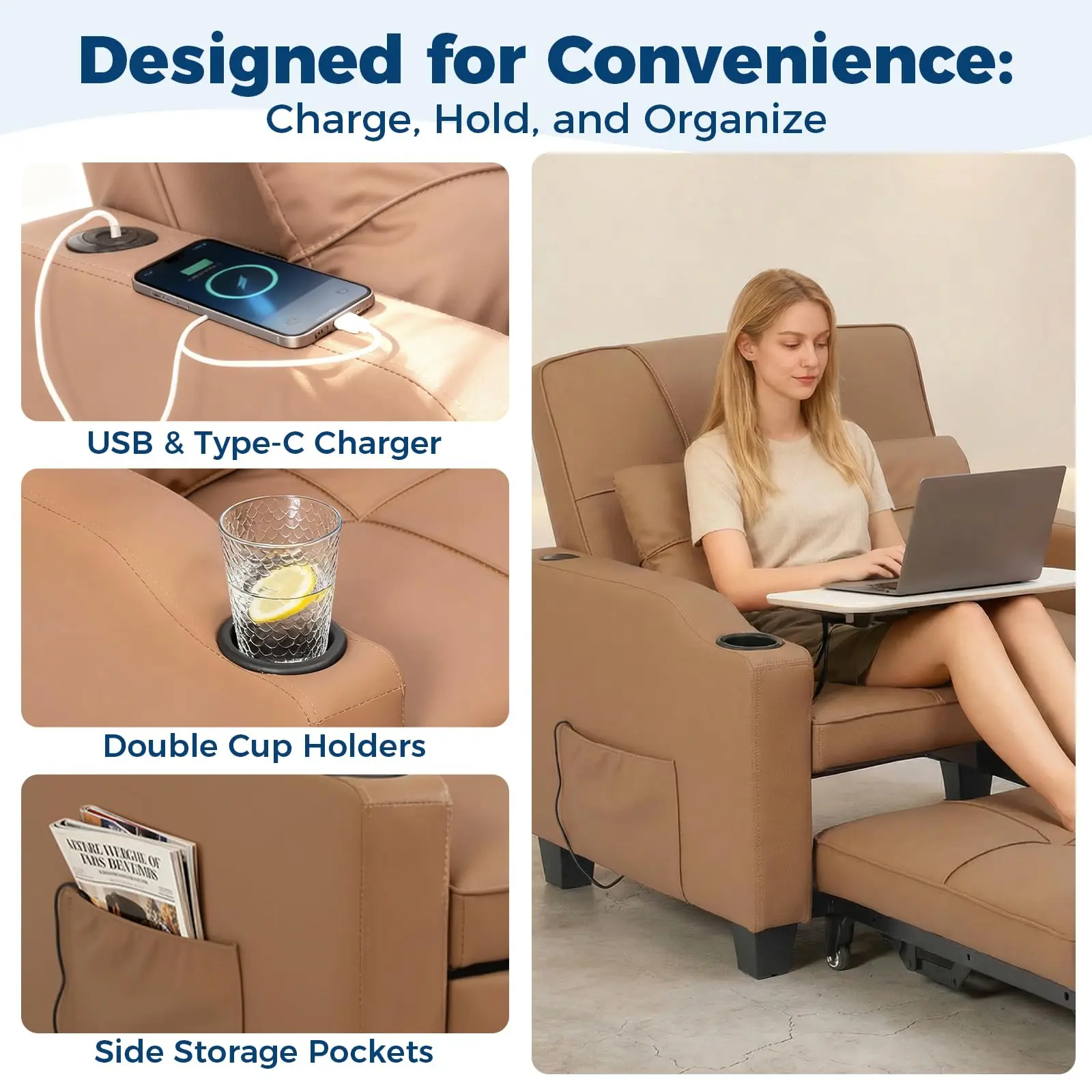 3-in-1 Convertible Sleeper Chair Bed, Modern Pull-Out Sofa with Adjustable Backrest, USB Ports, Cup Holders & Side Pockets, Space-Saving for Living Room, Bedroom, Small Spaces, Brown/Black/Gray image 6