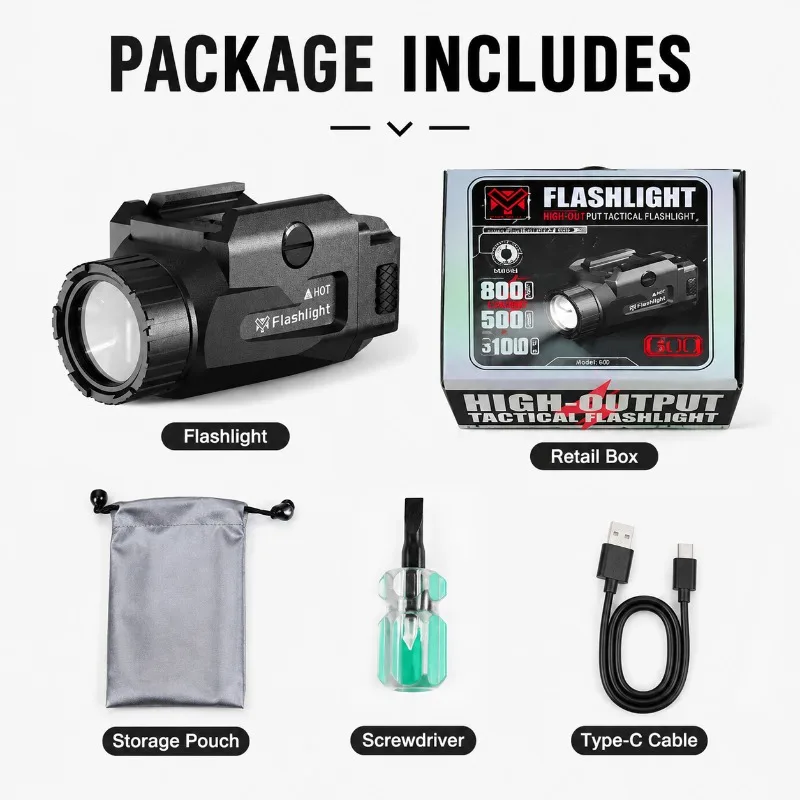 Type‑C Charging 800LM Flashlight with Red Indicator, Decorative Metal Part Fit 20mm Rail Bracket