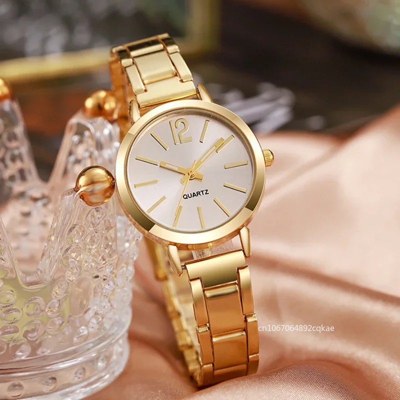 Reloj de lujo con esfera redonda Simple para Mujer, pulsera de oro inoxidable, Reloj de pulsera de cuarzo para estudiantes, relojes para Mujer