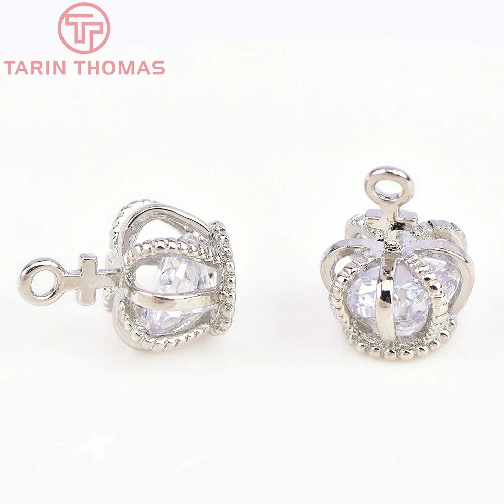 (1517) 6PCS 11x15MM 24K Gold Color Plated Brass with Zircon Crown Charms Pendants High Quality Jewelry Accessories