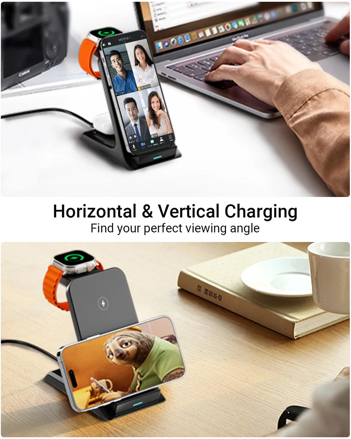 KPON 3 in 1 Wireless Charger Stand Fast Charging Station Dock For iPhone 16/15/14/13 Pro Max Apple iWatch 9/8/7/6/5 Airpods 3/2