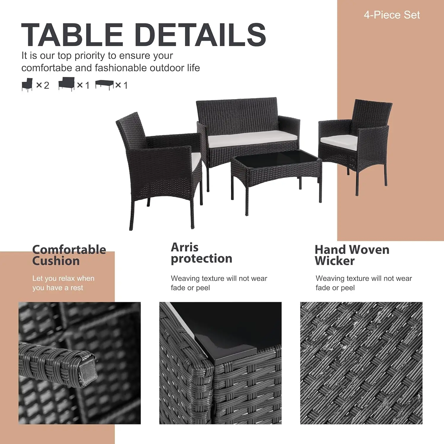 طقم أثاث خارجي مكون من 4 قطع مع كراسي خوص وطاولة قهوة زجاجية للحديقة أو بجانب حمام السباحة