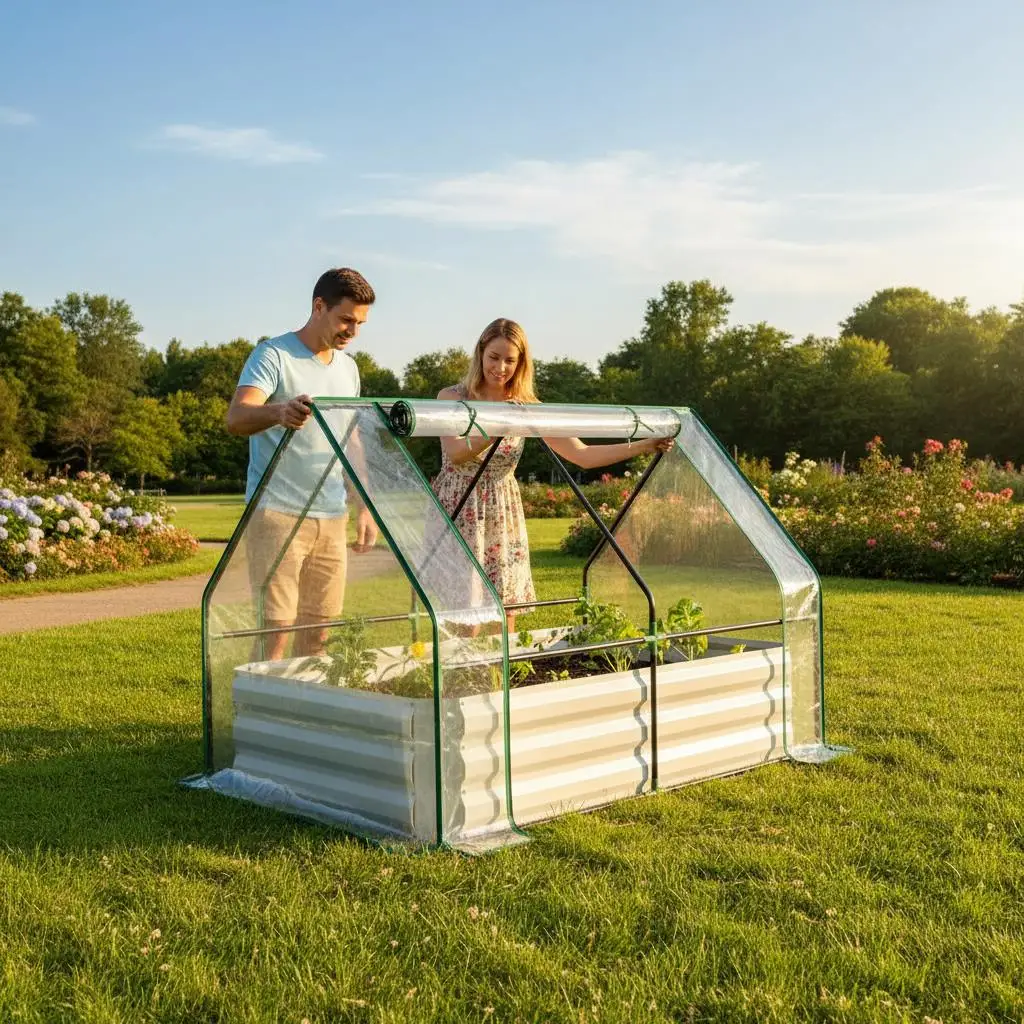 

Оцинкованный металлический грядочный ящик 4' x 3' для овощей, фруктов, трав, с ПВХ-покрытием для теплицы, 2 подъемных окна, для садоводства на открытом воздухе