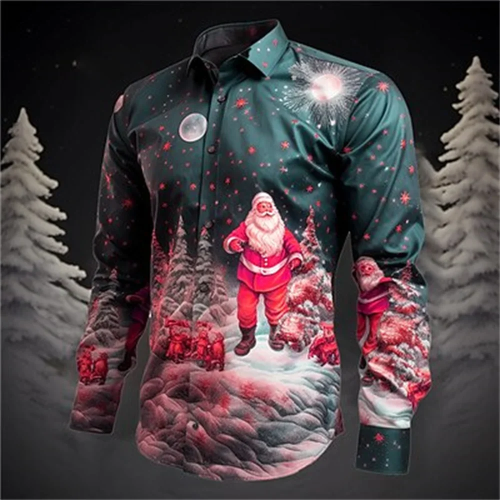 2025 nueva camisa festiva de manga corta con estampado 3D de tema navideño para hombre, camisa de vacaciones hawaiana informal Retro para hombre