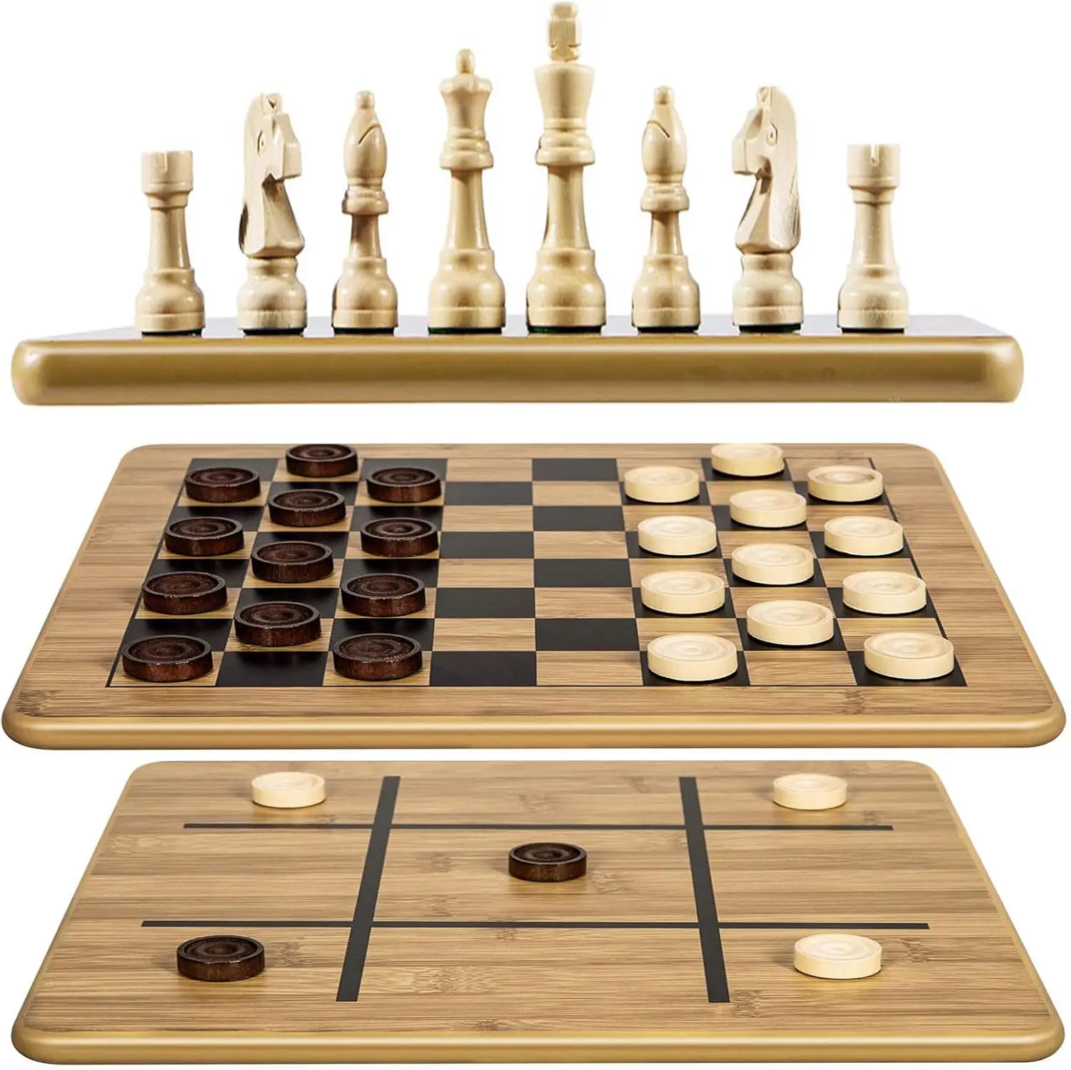 

Wooden 3-in-1 Chess Checkers Tic-Tac-Toe Set 11.5' x 11.5', 34 Pieces, 2 Extra Queens, Storage Bag