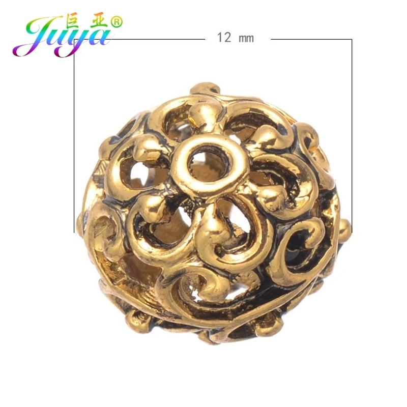 Juya 10 20 Stück/Lot 10 12mm Gravierte Perlen Hohl Antik Gold Silber Beschichtete Metallperlen für DIY Damen Herren Perlenarbeiten Schmuckherstellung – Detail 2