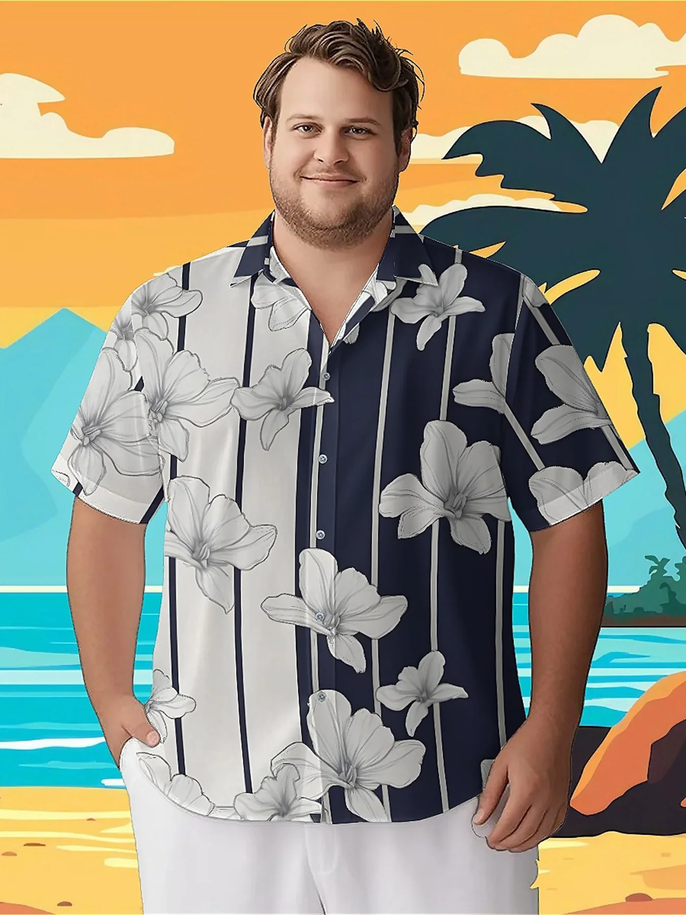 

Men's Plus Size Hawaiian Shirts Florals and Stripes pattern, Summer Casual Tops, Suitable for Outdoor and Party, Streetwear