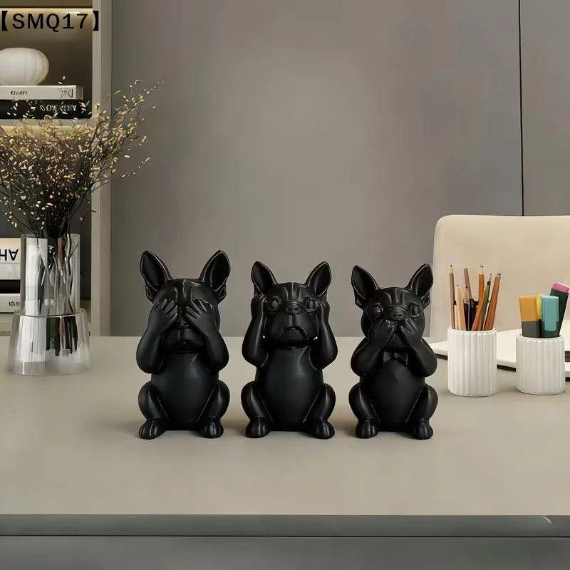 Three Smart Dog French Bulldog Statue Ornament, Listen, Look, Speak Smart Dog Statue Desktop Decoration Gift For Dog Lovers【SMQ】