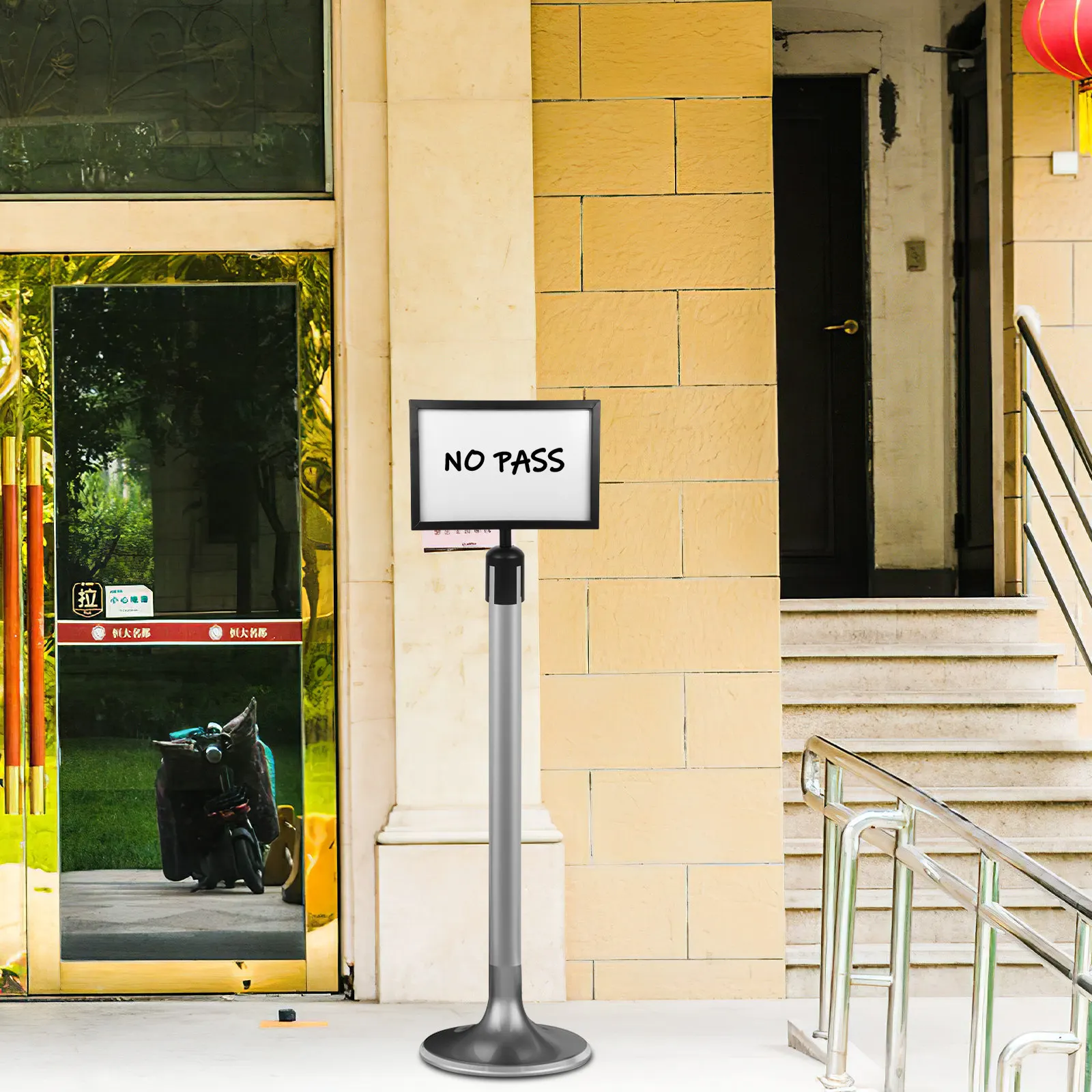 

Stanchion Sign Holder A4 Black Horizontal Stainless Steel Queue Line Crowd Control Retractable Belt Safety Barrier Airport