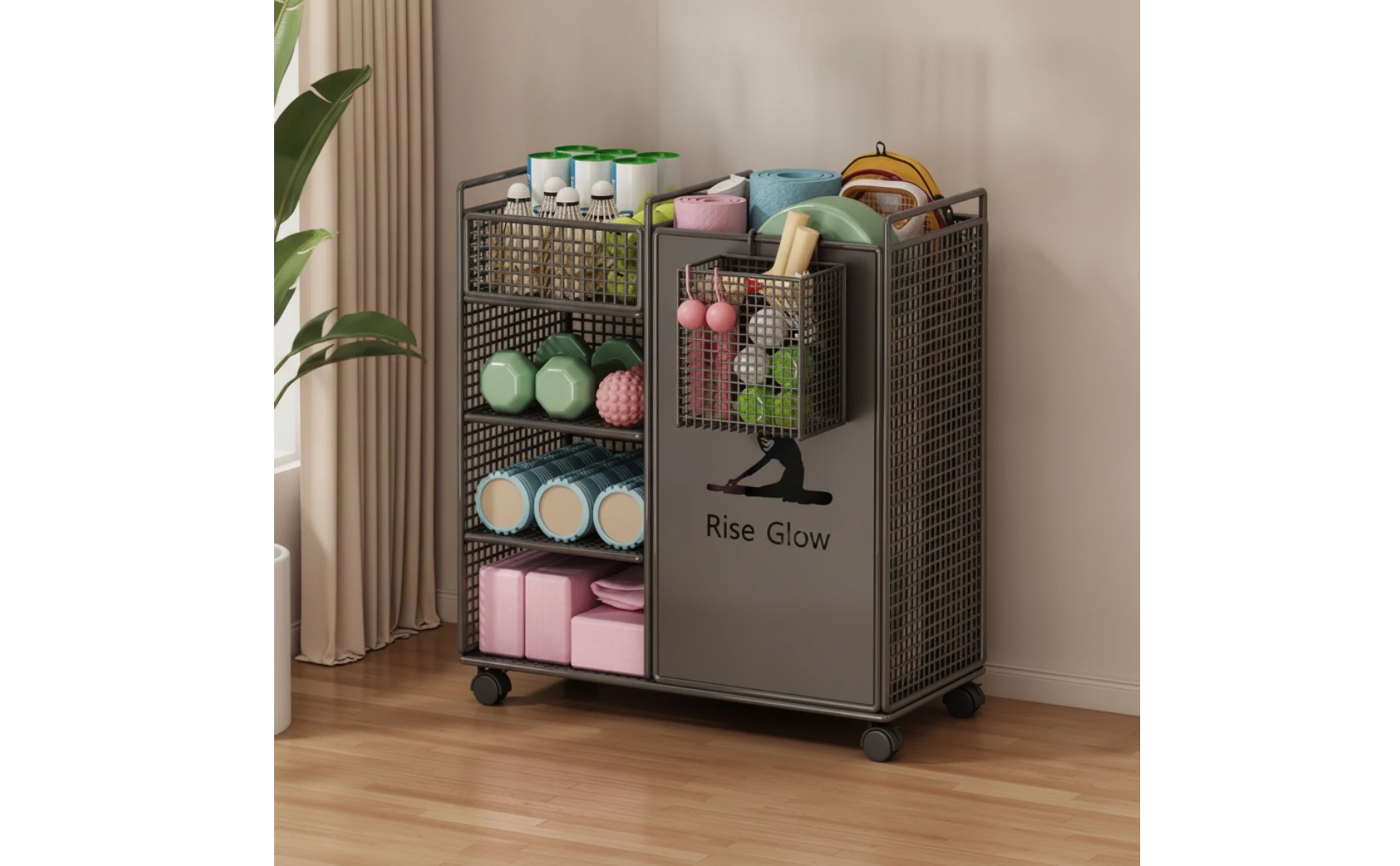 Fitness Equipment Rack with Wheels Wheeled Workout Equipment Organizer Home Gym Organizer Multi-Tier Shelf Stand Compact