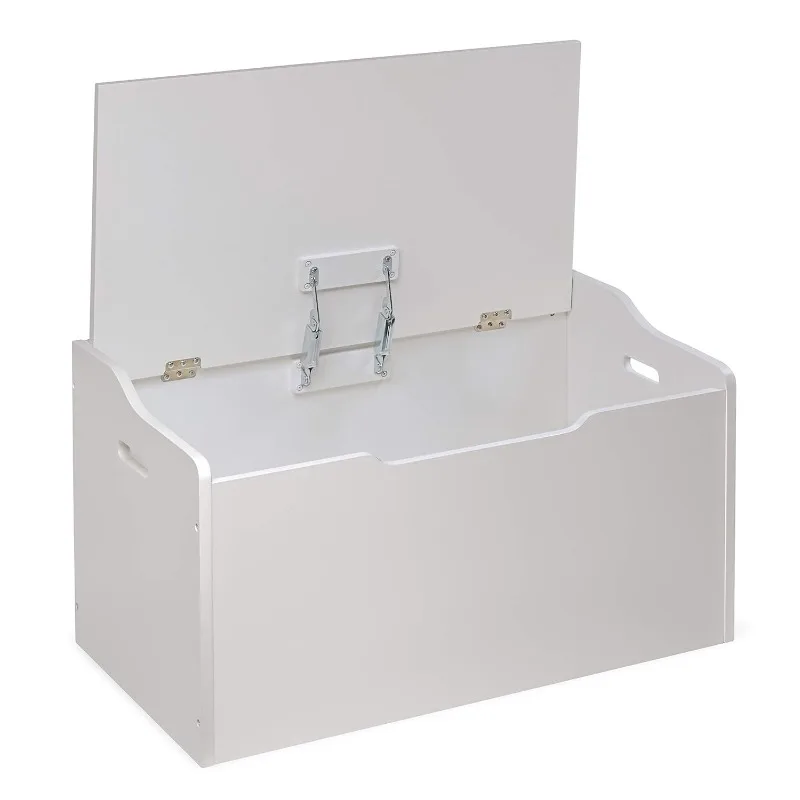 Bench-Top Wooden Toy Box in White – Safe Storage Chest with Dual Safety Hinges, Side Handles, and Front Slot