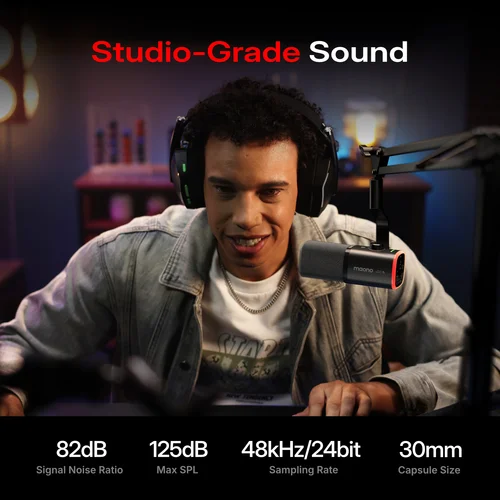 Imagen 2 del producto Micrófono dinámico inalámbrico Maono PD100W, cardioide, con alcance de 50 m, reducción de ruido con un solo toque, RGB, para juegos y transmisión en vivo.