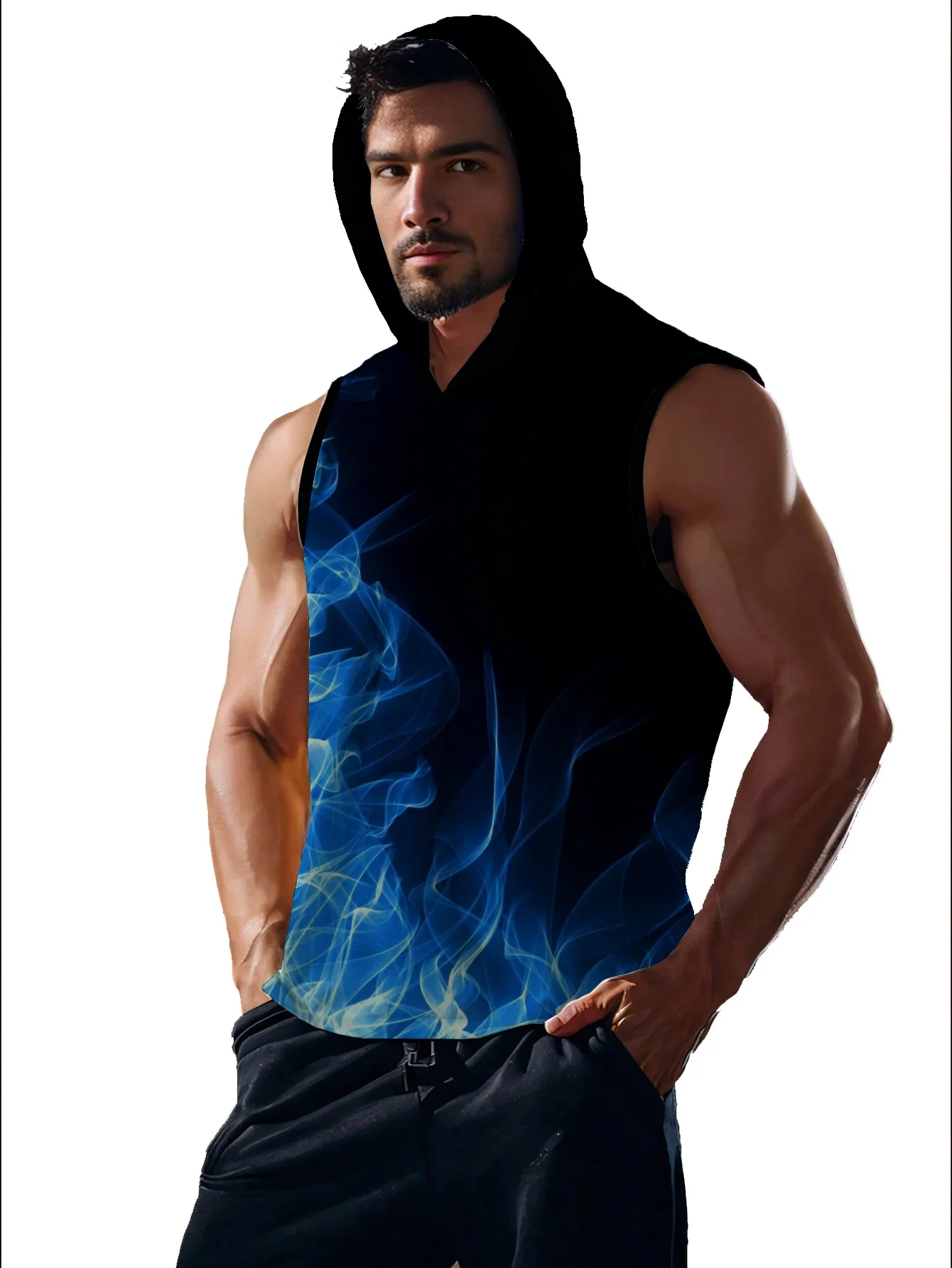 

2025 Summer Trend 3D Blue Flame Print hooded vest Fashion Casual Sports Outdoor Fitness Breathable quick drying Men's T-shirt