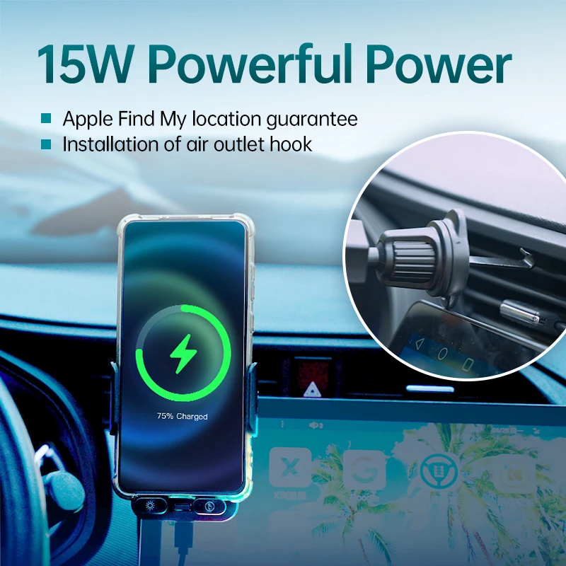 لـ Apple Find My، يمكن استخدامها في جميع السيارات، شاحن لاسلكي + حامل هاتف + محدد، وظيفة 3 في 1، تطبيق مجاني من التطبيق