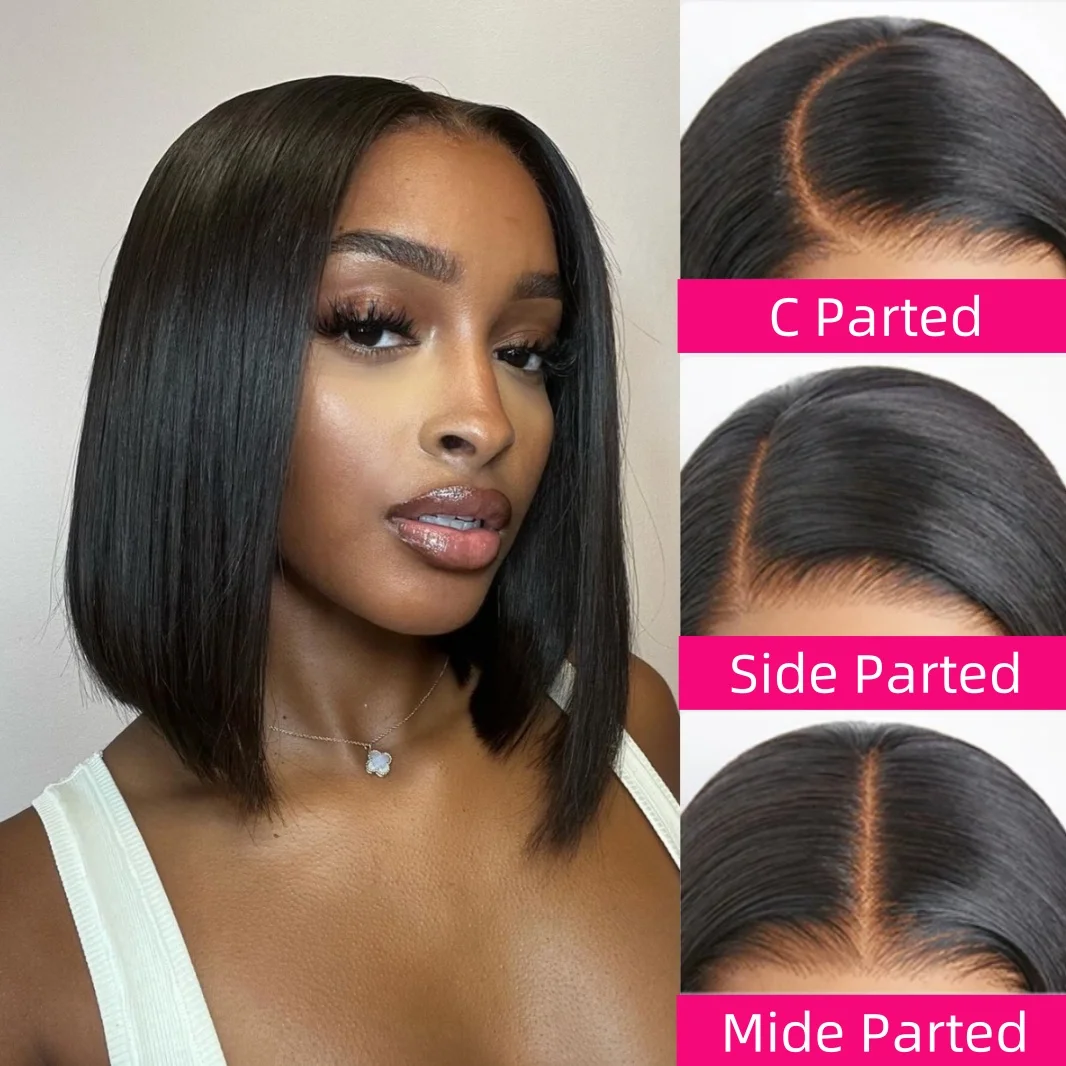 

13×4 Straight Short Bob Lace Front Wig Brazilian 100% Human Hair Wigs #1B Pre-plucked Transparent Lace Front Wigs 10-18 Inches