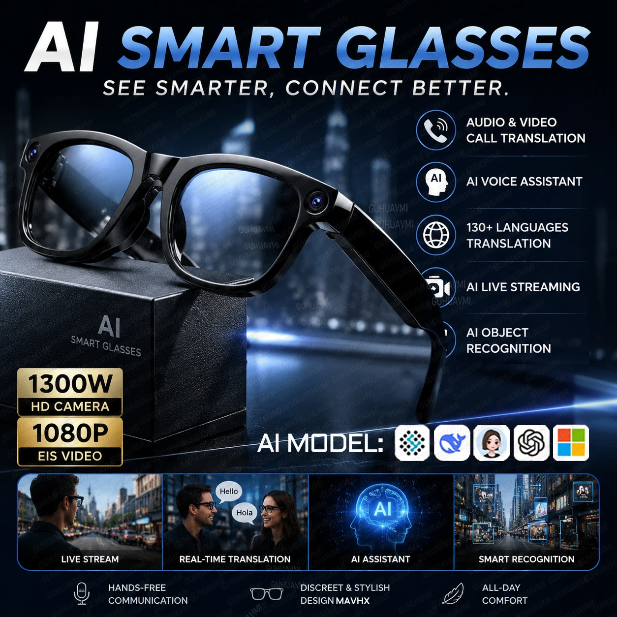 Nouvelles lunettes intelligentes pour hommes avec caméra HD 13MP, reconnaissance d'image IA, traduction, diffusion en direct, audio Bluetooth 5.4, lunettes de sport
