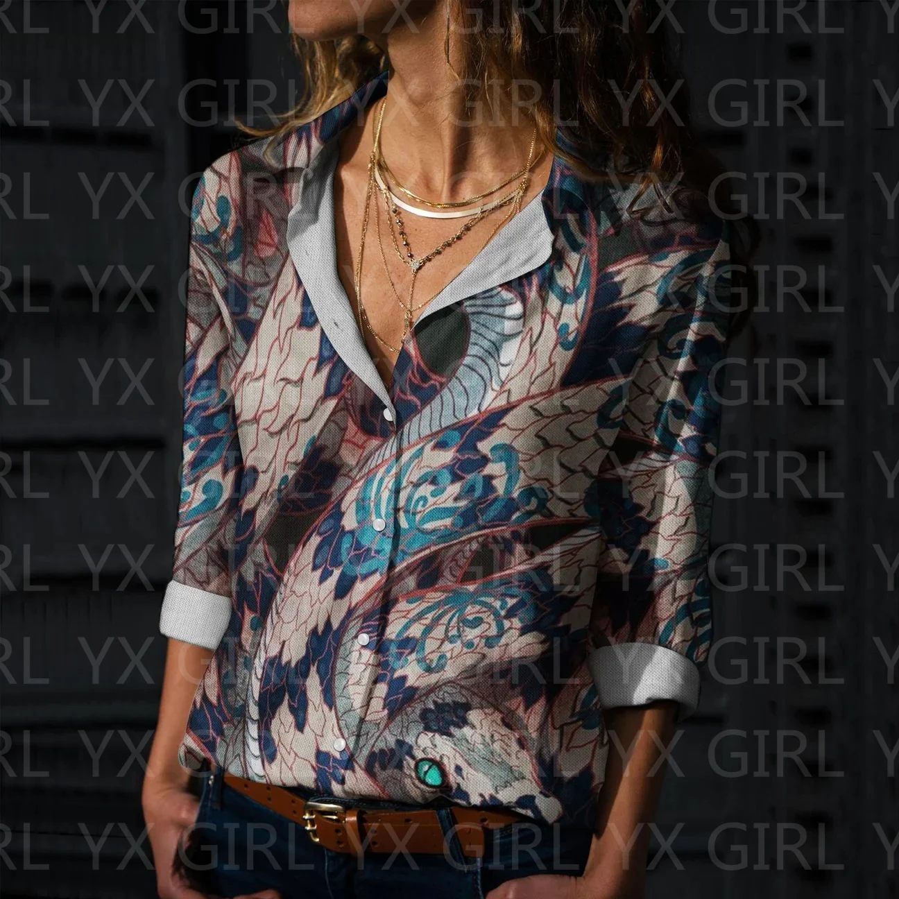 Camisa informal con estampado de ballena para mujer, camisa abotonada con estampado 3D, ropa de calle única, 7 estilos