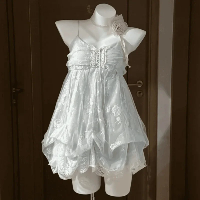 Kawaii Bow Mini Dresses Lolita Summer Sweet Halter Neck Polka Dot Women Lace Dresses French Elelgant Sexy Slim Party Dresses New