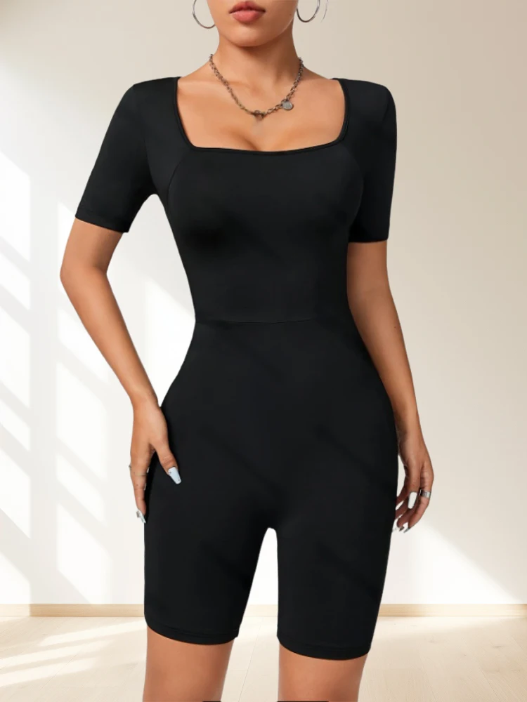 Women's Jumpsuit Suitable For All Seasons Slim Fit Simple Knit High Elasticity Square Neck Short Sleeved Top And Shorts Jumpsuit