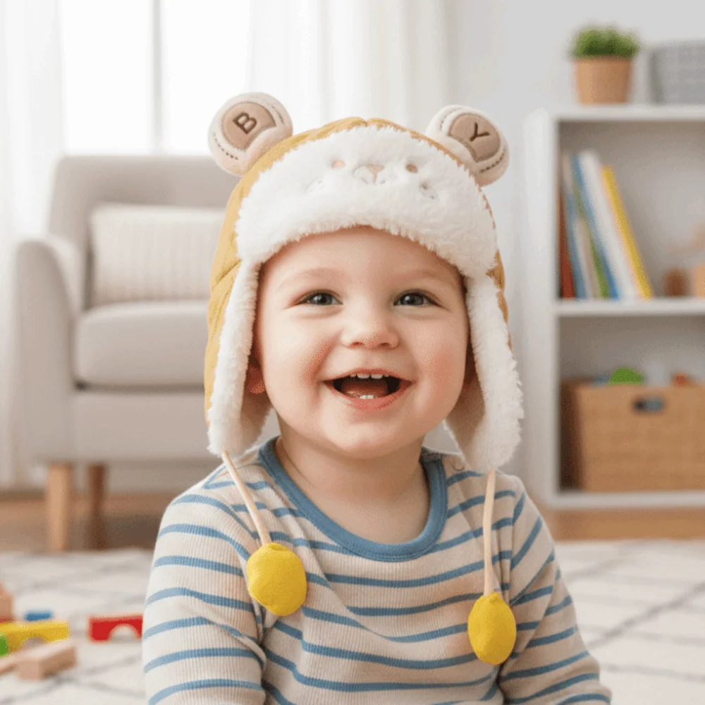 

Windproof Cartoon Bear Baby Hat Plush Adjustable Earmuffs Toddler Cap Thicken Ear Protection Trendy Baby Beanie Cap Cold Weather