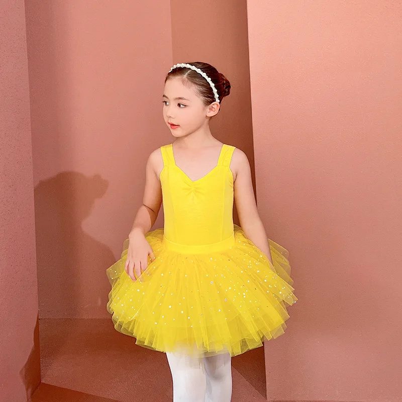 Vestido de Ballet de manga corta para niñas, conjunto de falda de lentejuelas de baile de algodón, trajes de práctica amarillos, leotardos de ballet, body