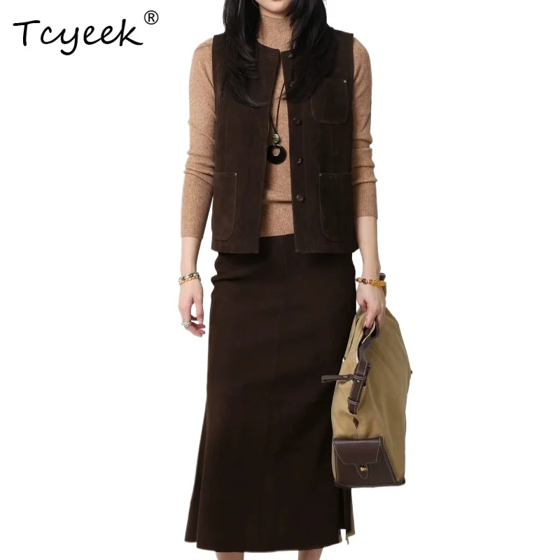 Tcyeek Genuine Sheepskin Skirt Sets Korean Style for Women High Quality Fashion Clothing Two Piece Sets Womens Outifits Vestido
