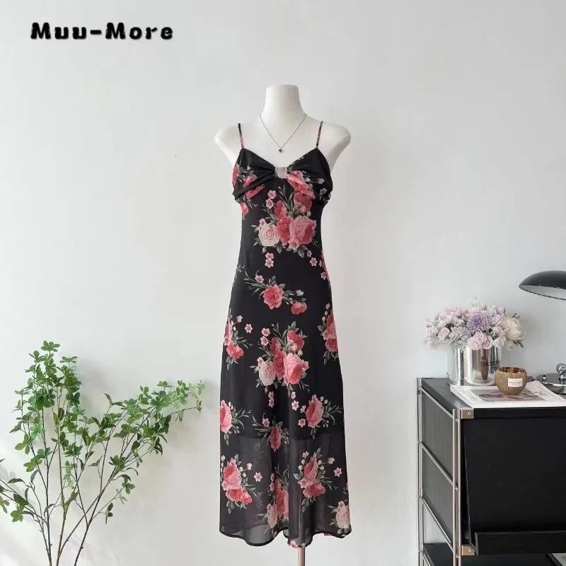 Women Vintage Floral Print V-neck Bow Backless Mid-Calf Dress 2024 Summer Elegant Sleeveless High Waist Camisole Suspender Dress