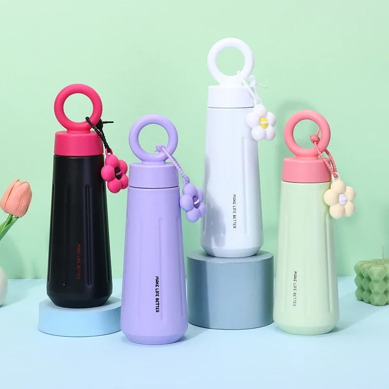 Fahion Women Girls Thermos Bottle With Sunflower Pendant 316 Stainless Steel Thermal Insulation Vaccum Sport Car Water Bottle