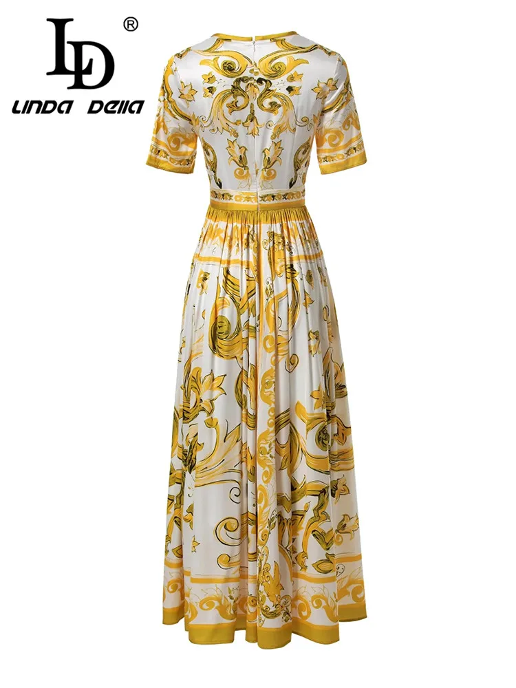 LD LINDA DELLA 2024 New Style Runway Designer Dress Women\'s Temperament Vintage Print Ruched Flutter Elegant Medium Length Dress