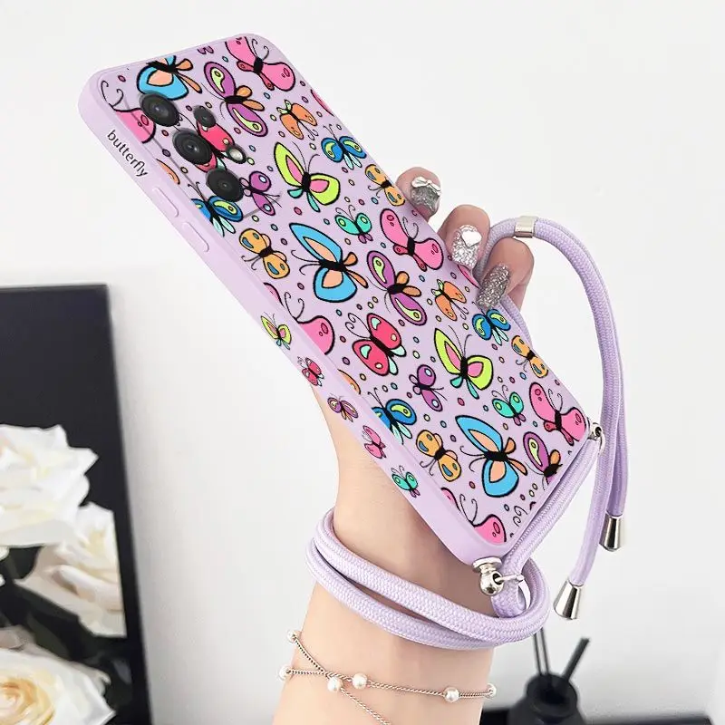 เคสซิลิโคนลายผีเสื้อมีสายคล้องไหล่สำหรับซัมซุงกาแล็คซี่ A54 A34 A73 A24 A53 A52 A52S A04S ฝา A72 A04E