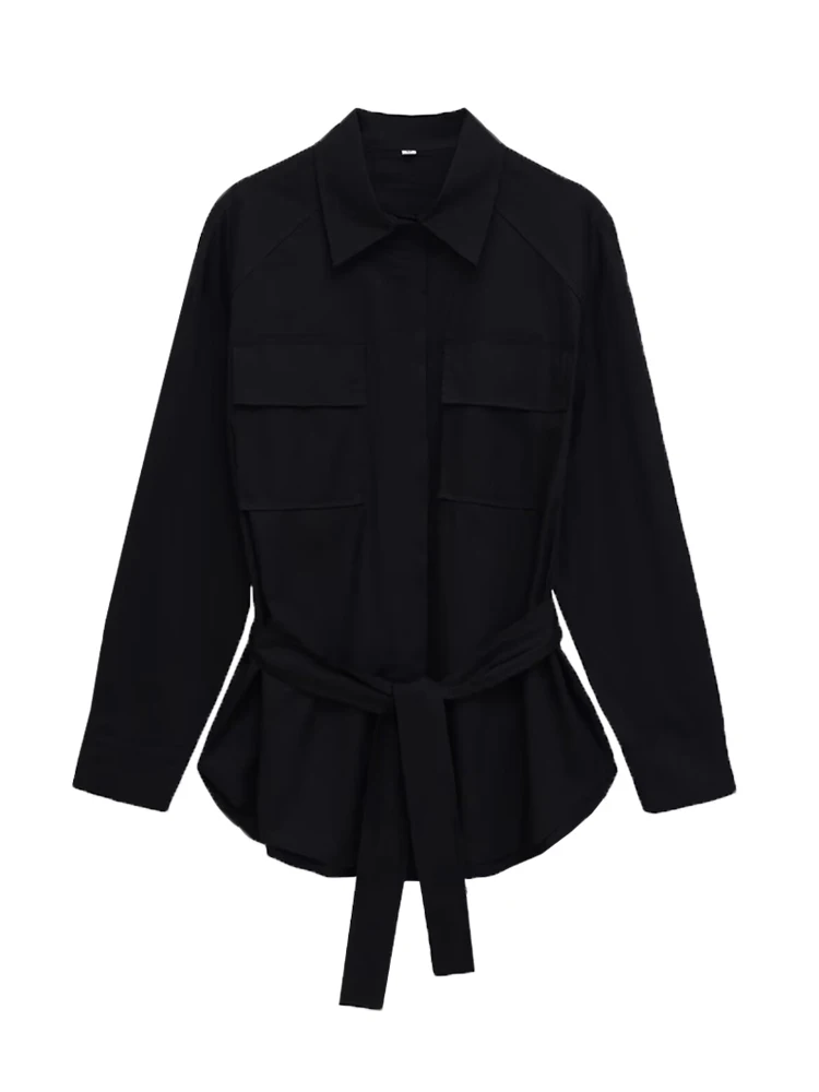 Moda damska z paskiem Luźne koszule z długim rękawem Zapinane na guziki Bluzki damskie Eleganckie topy