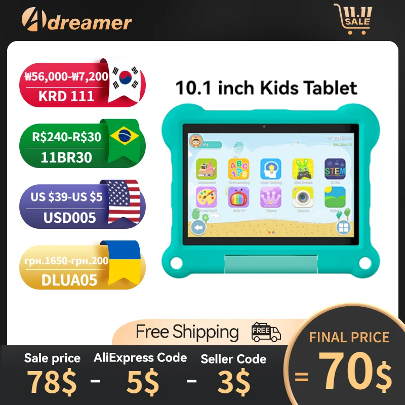 Adreamer KidsPad10 10.1 Inch Children Tablets Android 11 Octa Core 4GB RAM 64GB ROM 4G LTE 6000mAh Learning Tablets for Kids