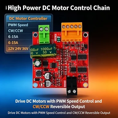 Industrial High Power DC Motor Speed Controller, PWM Adjustable CW/CCW Reversible, 6-15A 36V 12V 24V