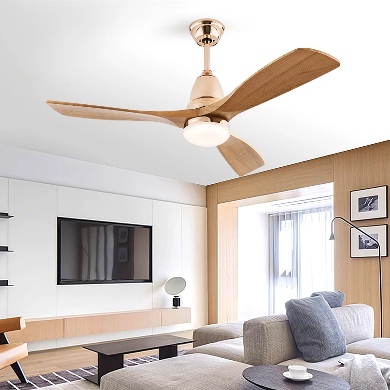 European Style Wooden Ceiling Fan with LED Light and Remote Control Silent Copper Motor, 6-Speed for living room bedroom