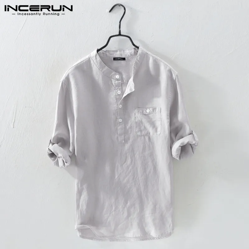 INCERUN Men\'s Shirt Solid Color 3/4 Sleeve Cotton Stand Collar Vintage Male Shirts Harajuku 2024 Streetwear Men Clothing S-5XL